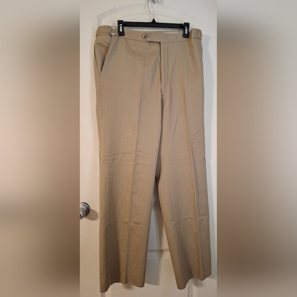 John Michael Dress Pants Gabardine Wool Pleated Front Men adjustable side buckle